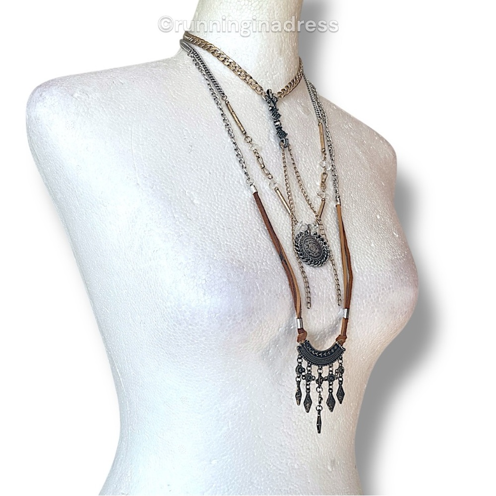 NWT Free People Can't Stand The Rain Layered Necklace Gold Silver & Brown Suede - Picture 7 of 13